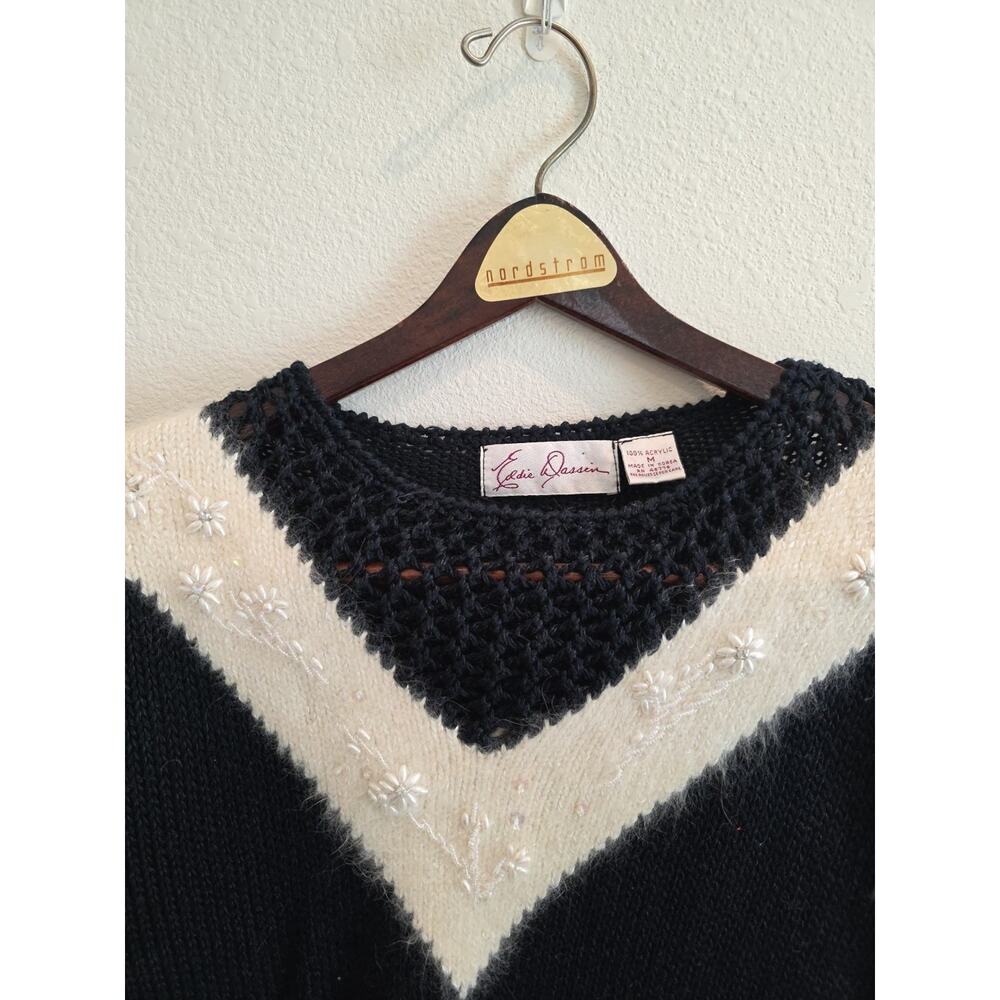 Vintage Eddie Dassin Black White Floral Pearl Embroidered Knit Sweater Medium - Picture 2 of 9